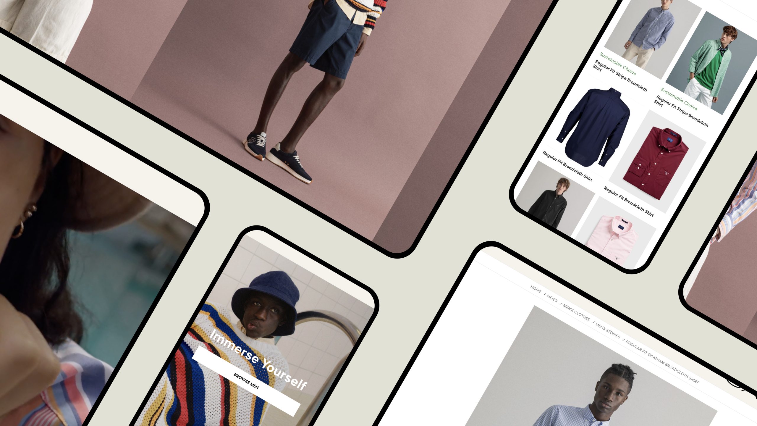 A collage of fashion website screens displays various men’s clothing items, models, and shopping categories