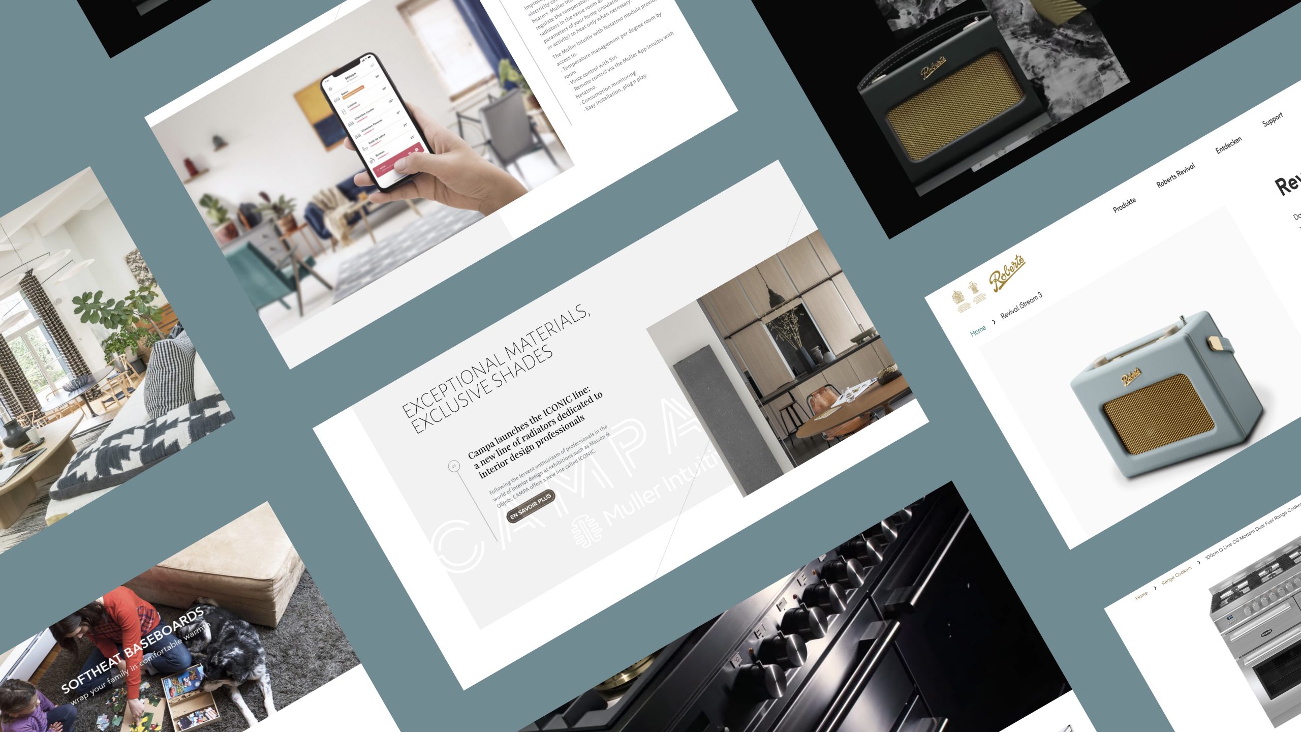 screenshot showing various pages of the glen dimplex website