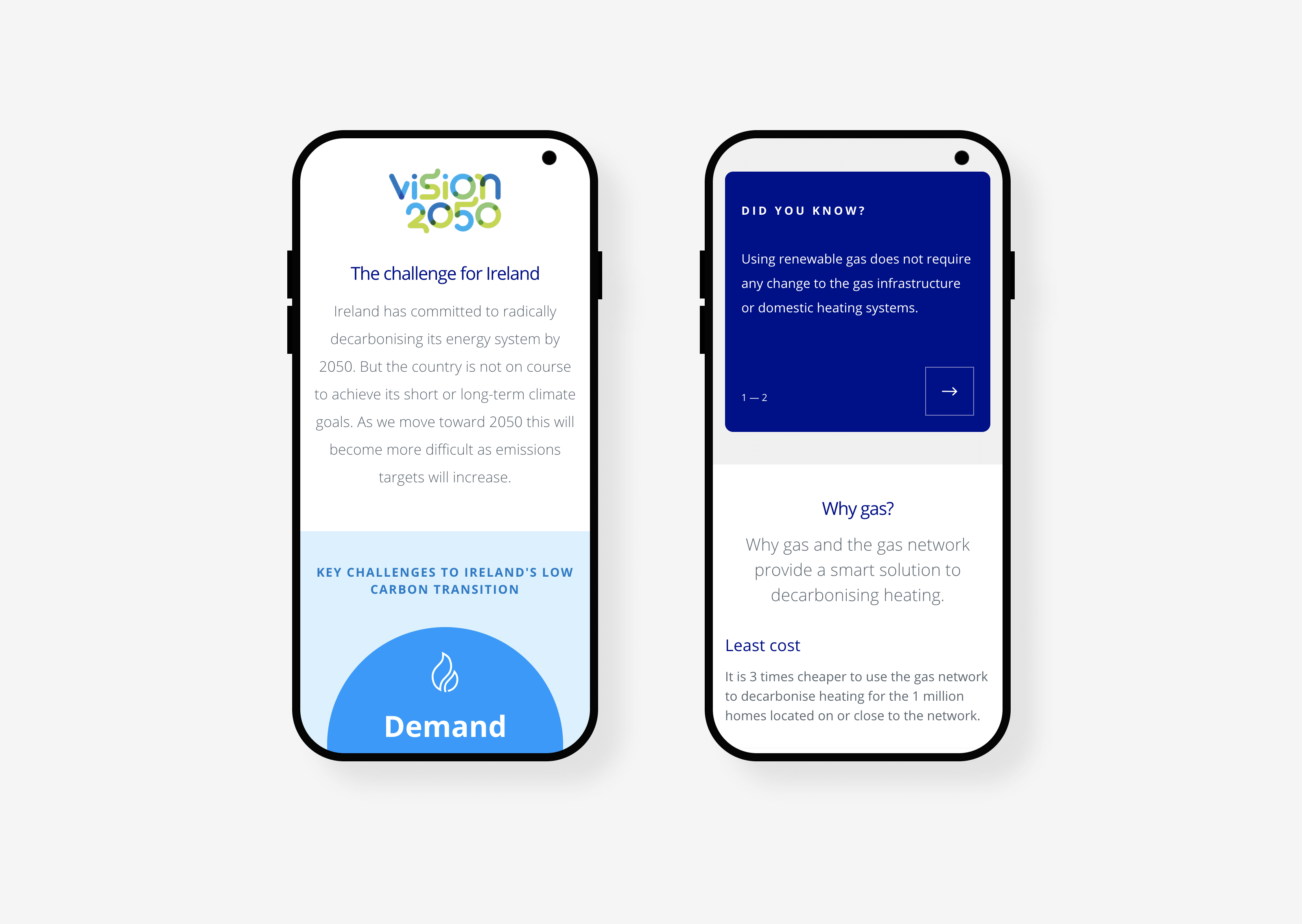 Two phone showcasing Gas Networks Ireland's Website