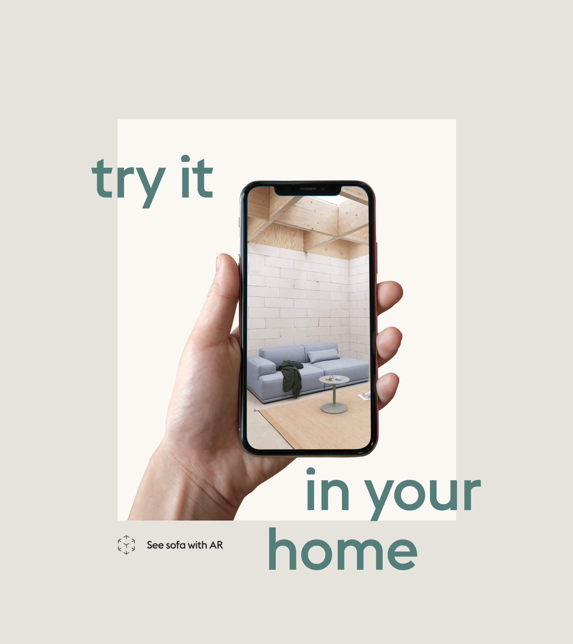 Hand holding a phone that showcasing Muuto's living room area