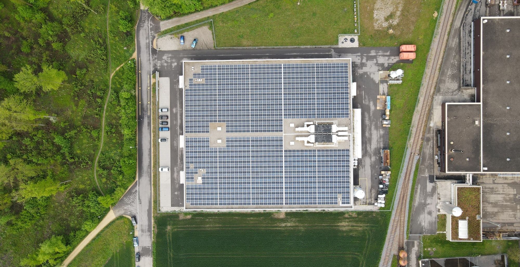 Sky view of solar farm on building