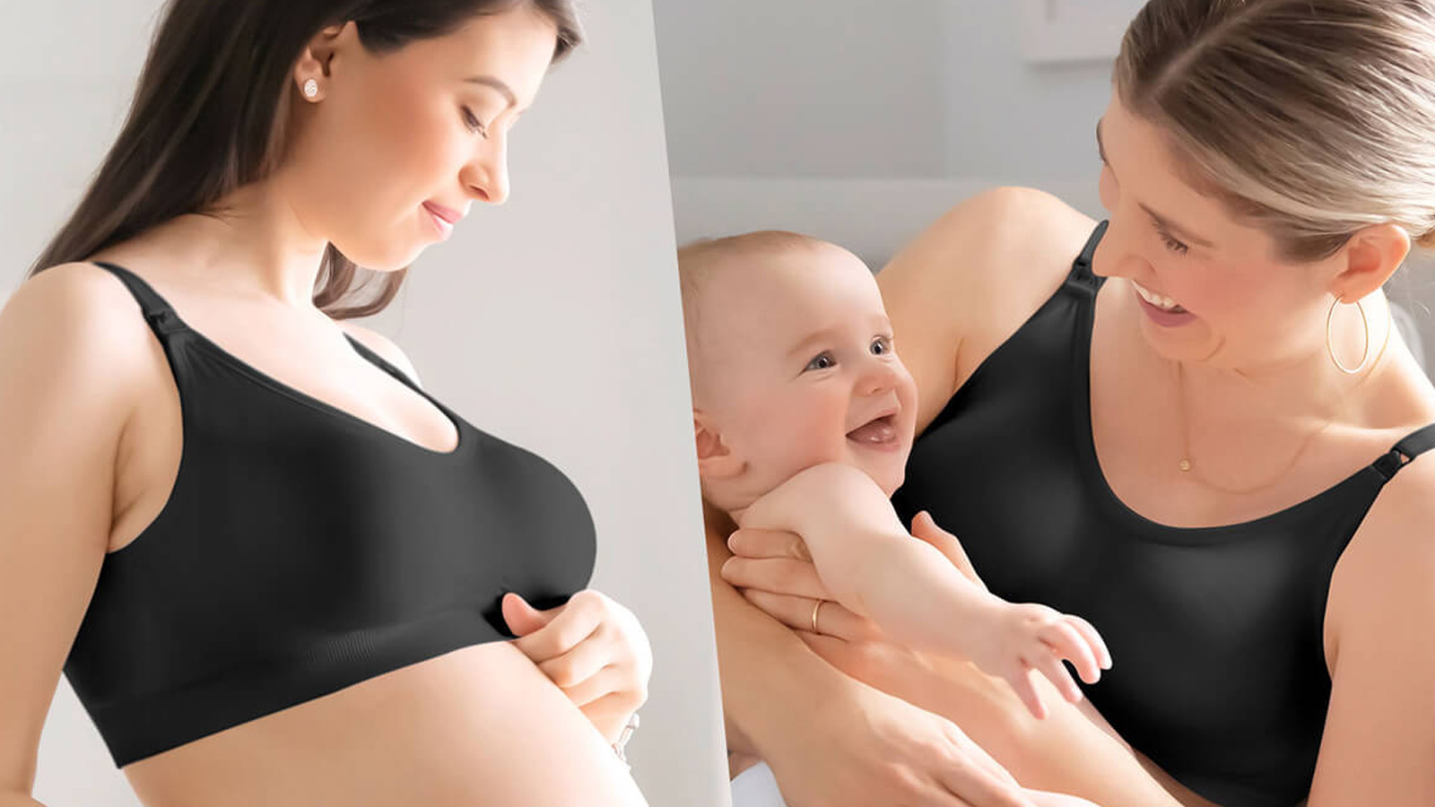 A pregnant woman and a woman and baby, smiling,