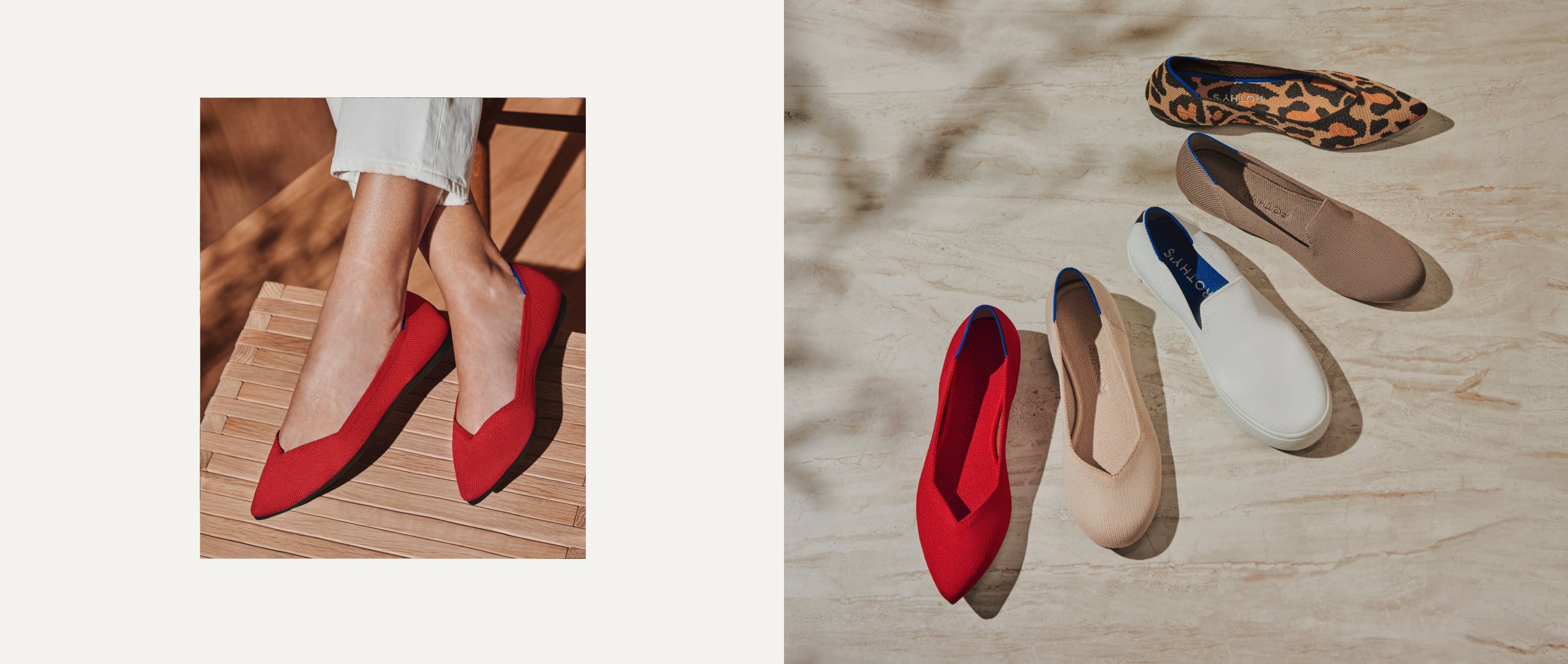 Chic red flats featured in a minimalist shoe boutique with warm wood interiors and modern displays.