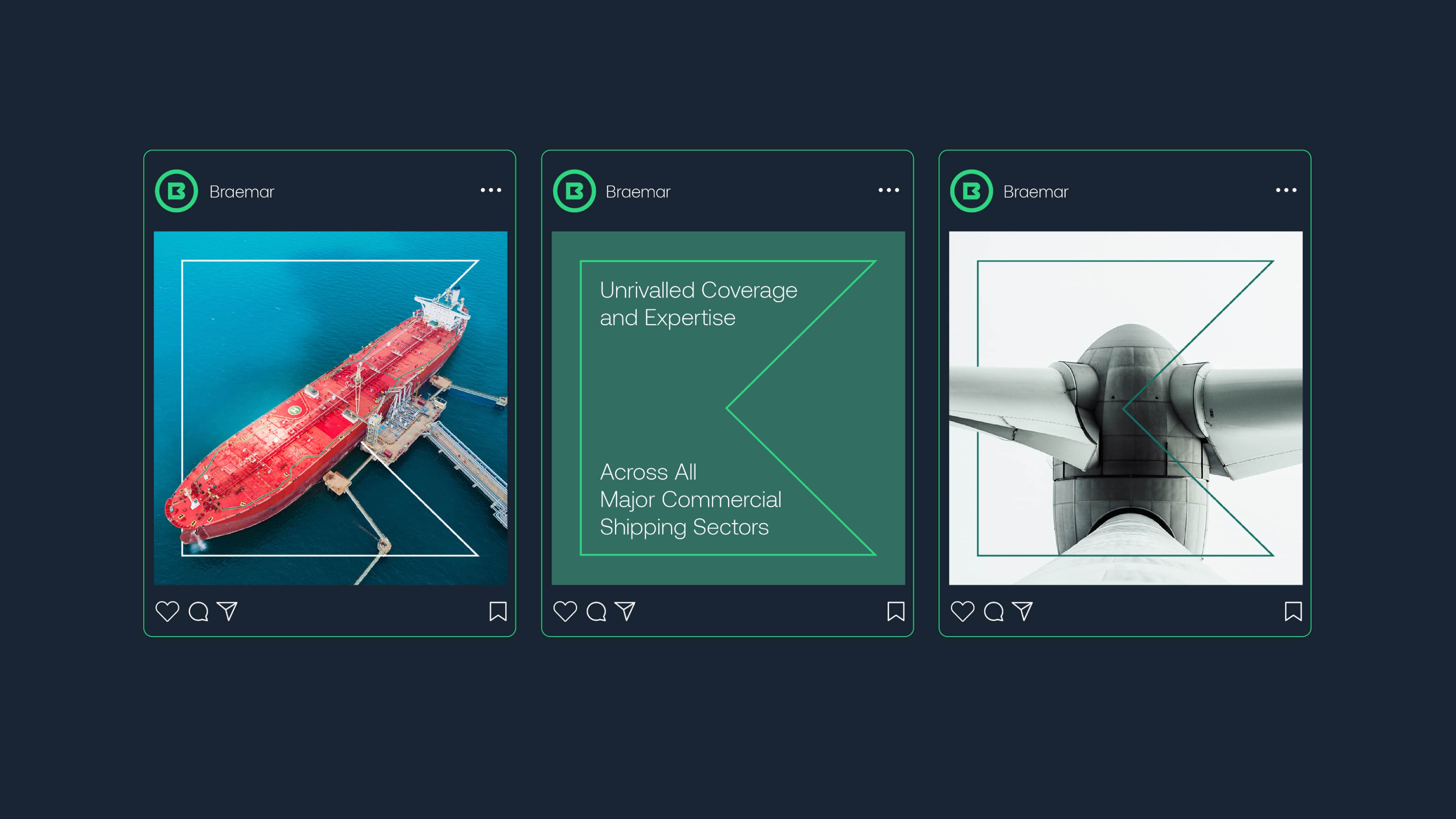 Three examples of Braemar's branding on digital screens