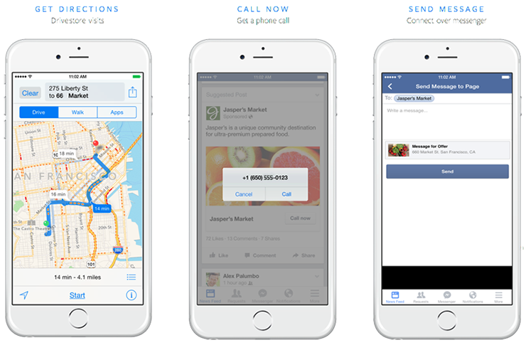 3 different phones: get directions, call now, send message