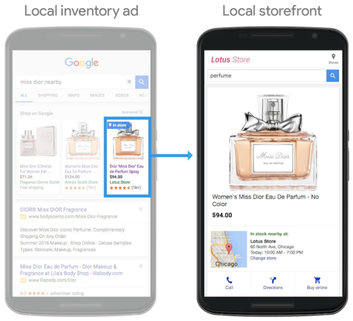 local inventory ad vs. local storefront ad (miss dior nearby vs. perfume)