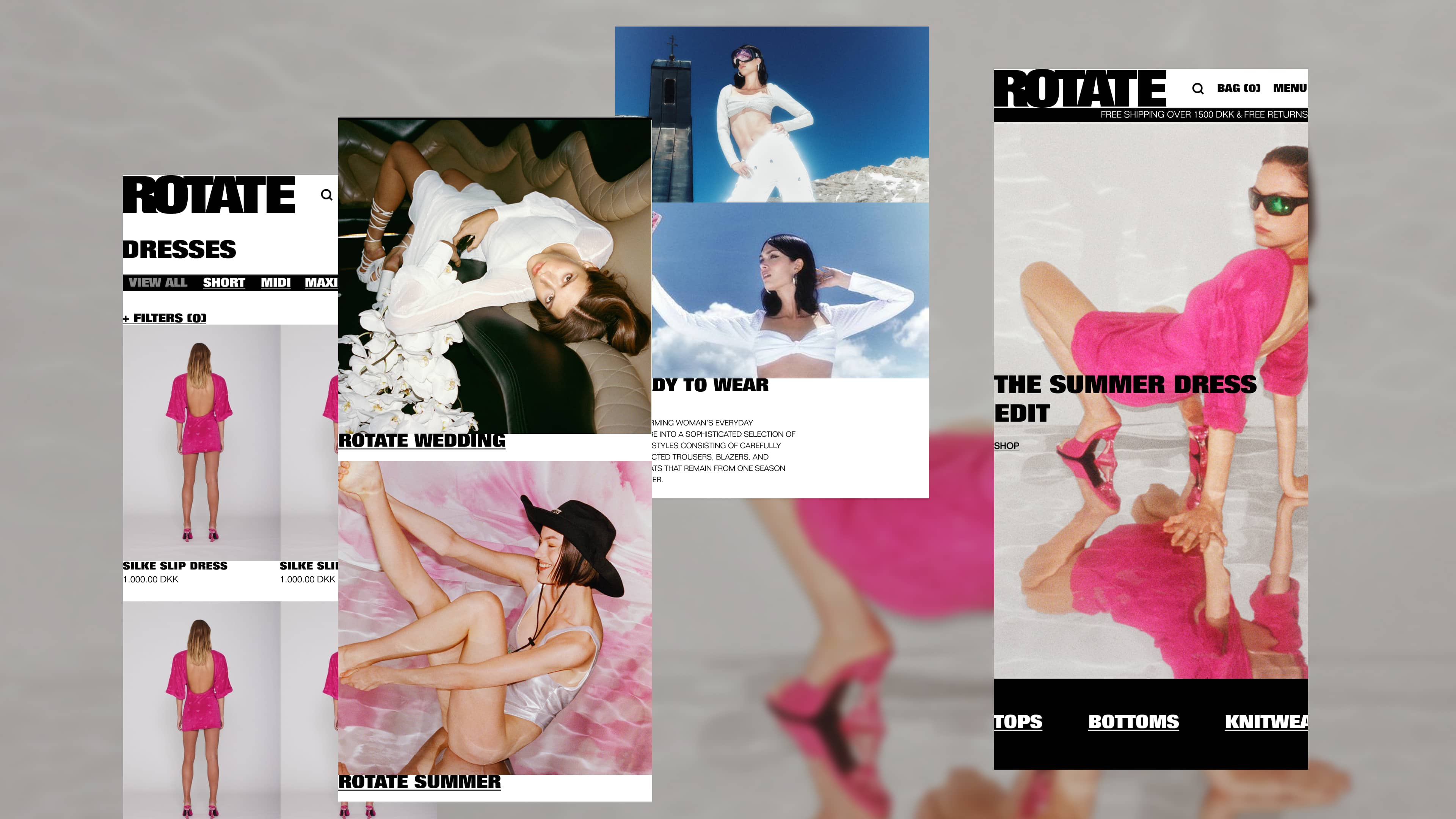 Fashion e-commerce collage for ROTATE featuring bold visuals, pink slip dress, and themed collections.