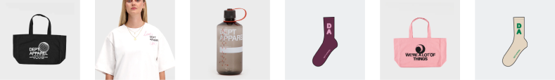 Pictures of a DEPT Apparel tote bag, t-shirt, water bottle and socks