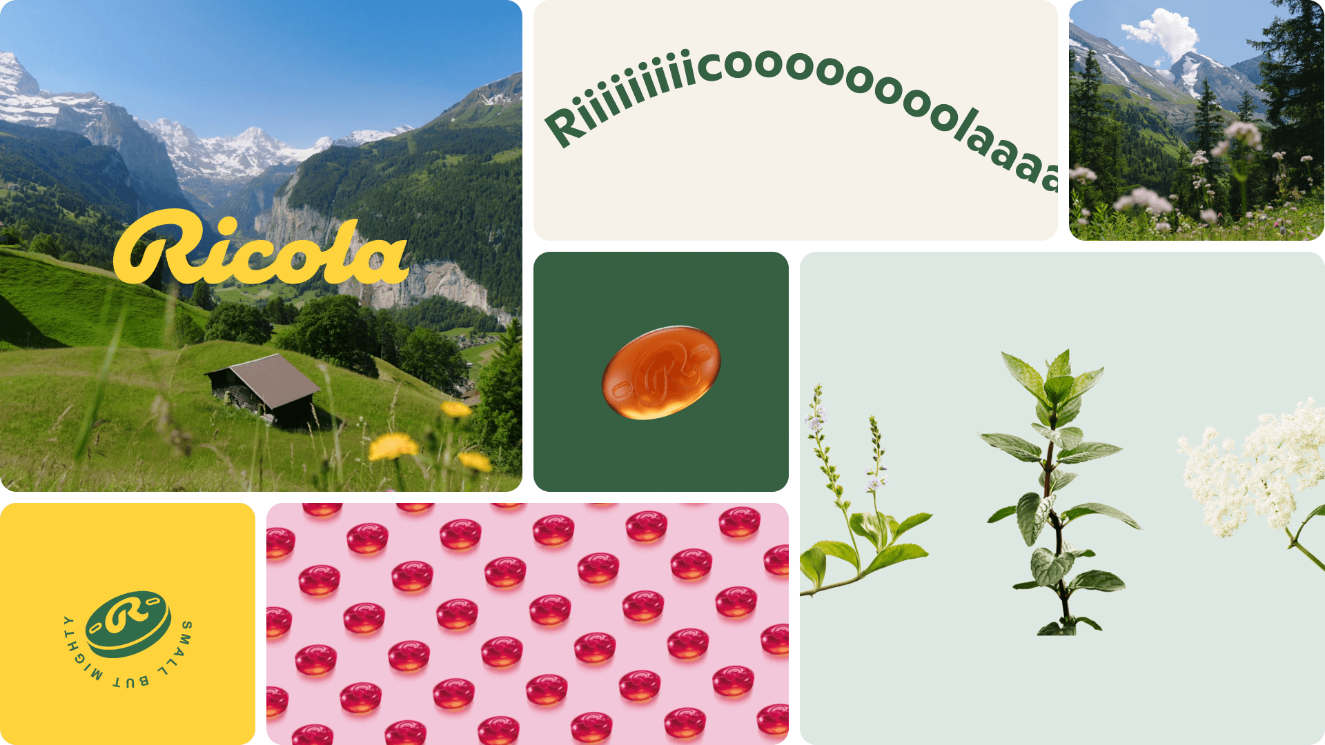 Collage of different ricola website branding elements