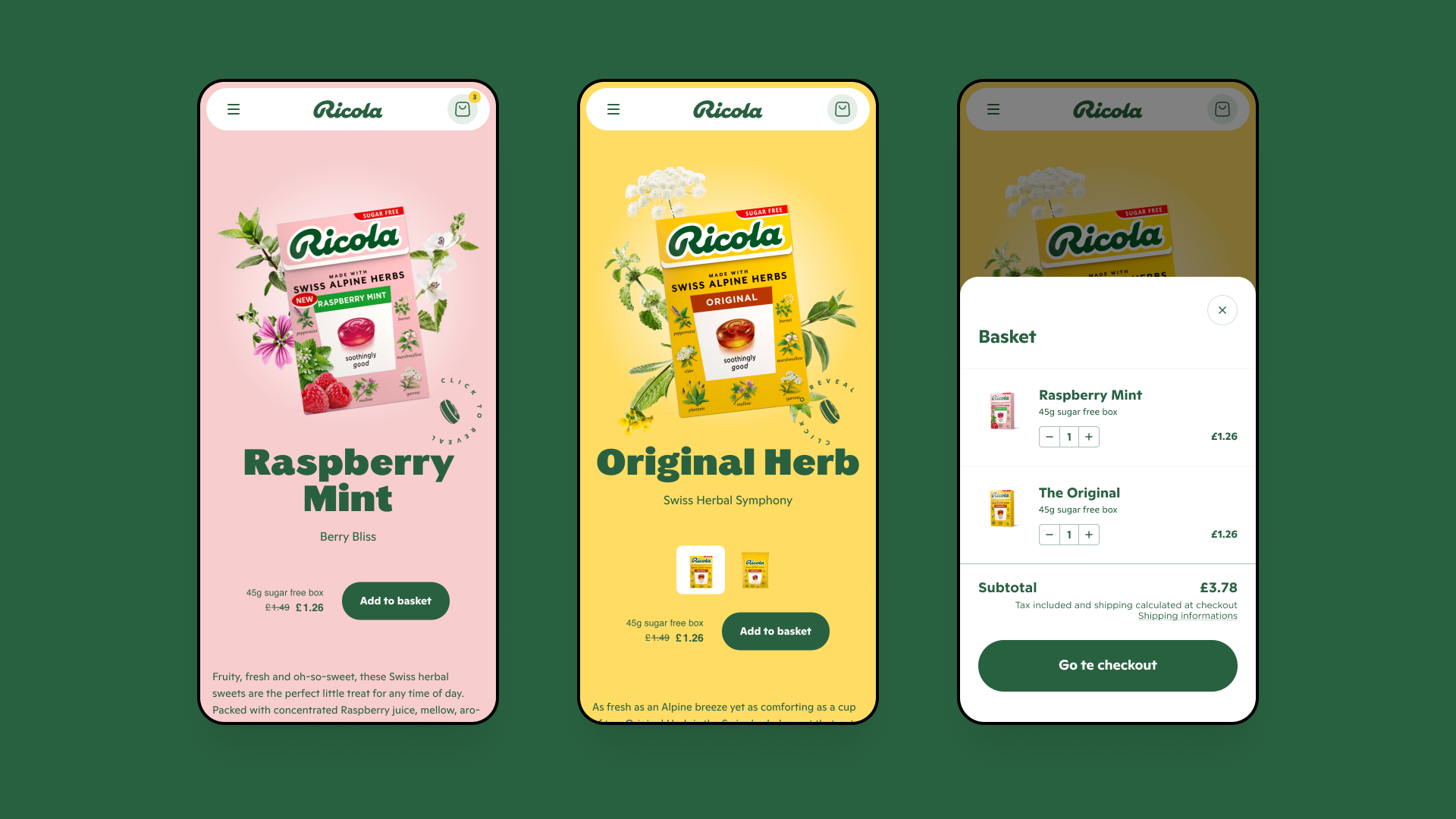 Three mobile views product detail page ricola