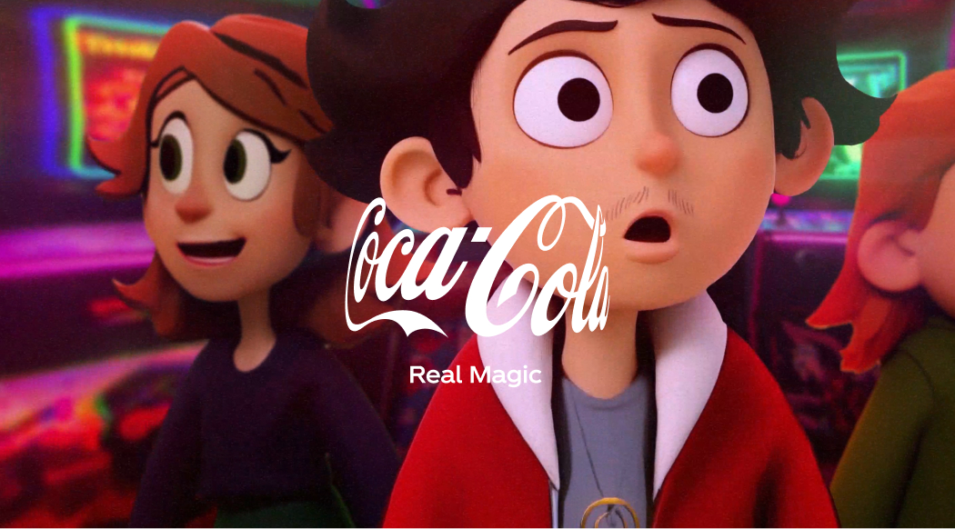 Animated characters in a colorful, neon-lit setting with a surprised expression on one character’s face, featuring the Coca-Cola logo and the tagline 'Real Magic' overlaid.