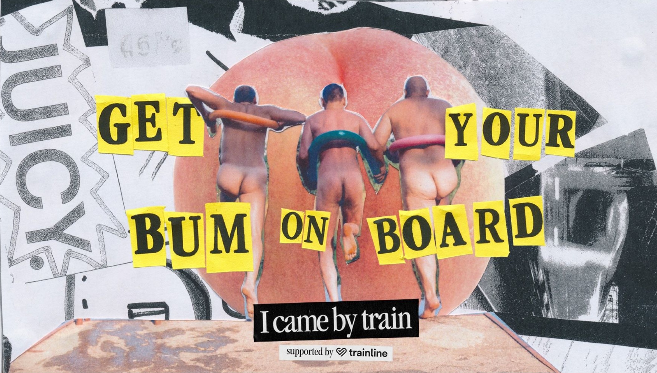 Naked men running towards a peach