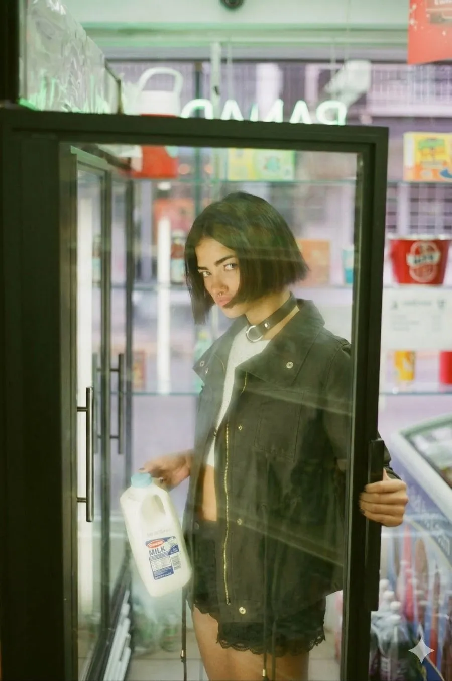 Young woman getting milk from store