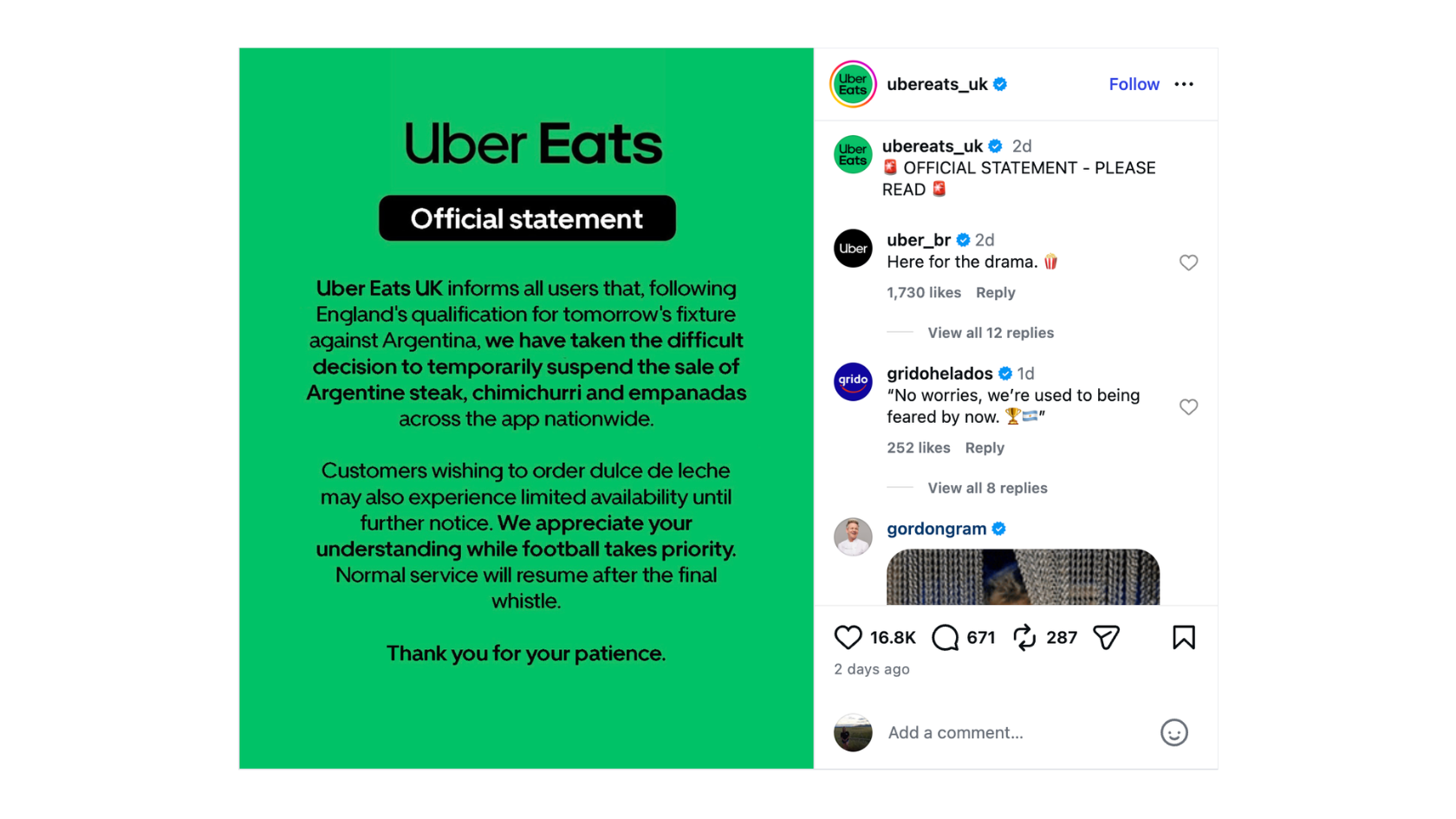 Uber Eats UK instagram post